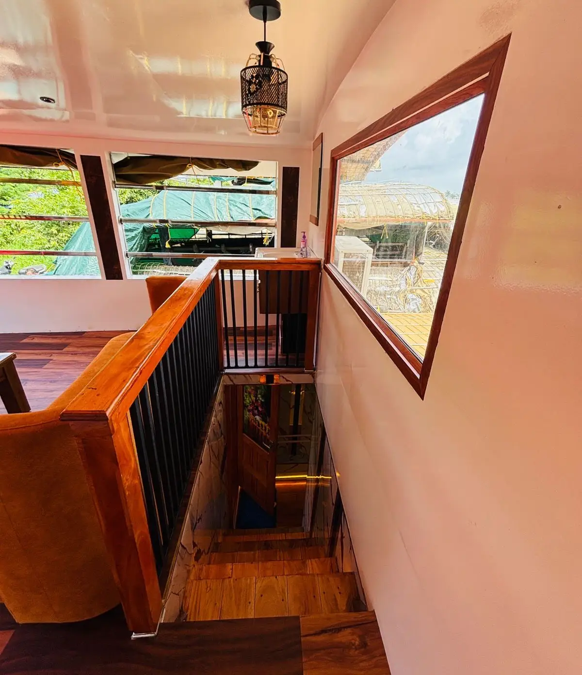 Backwater view through a picture window on the stairway landing